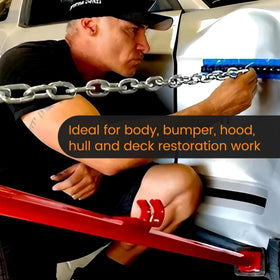 Puzau tool in use on car panel demonstrating controlled dent pulling benefit