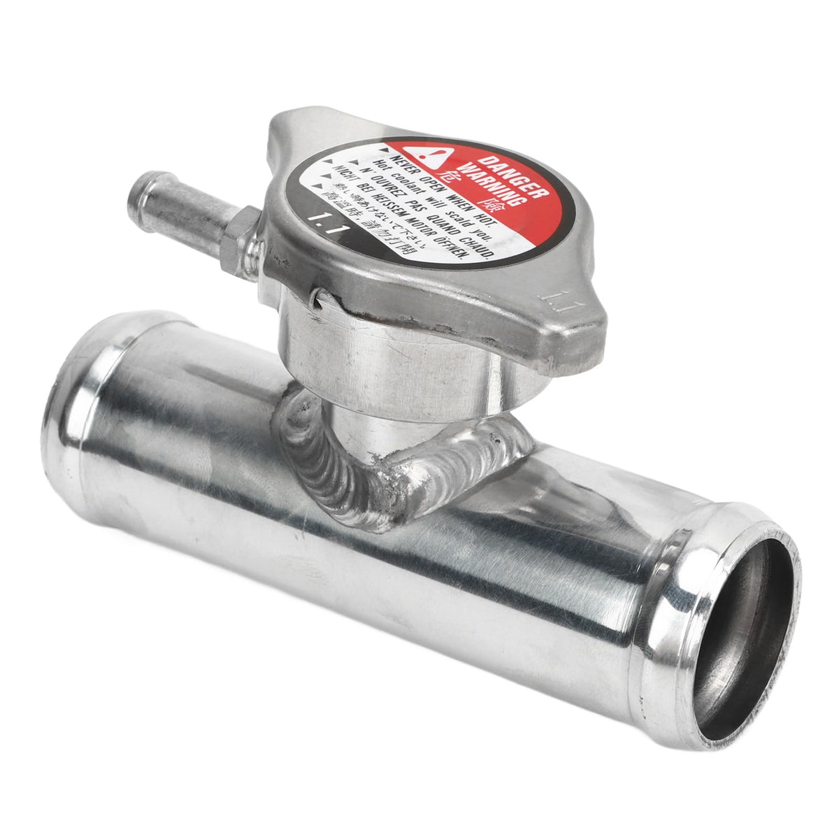 Pyhodi front view of aluminum filler neck showing compact fit and durable finish