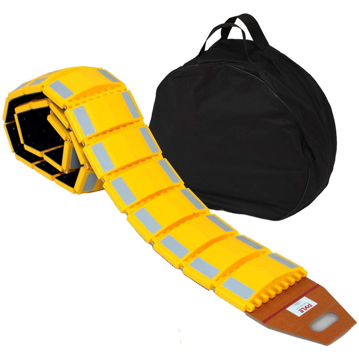 Pyle front view of speed bump showing reflective yellow visibility and quick placement benefit