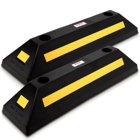 Pyle wheel stop front view showing durable block and visibility benefit