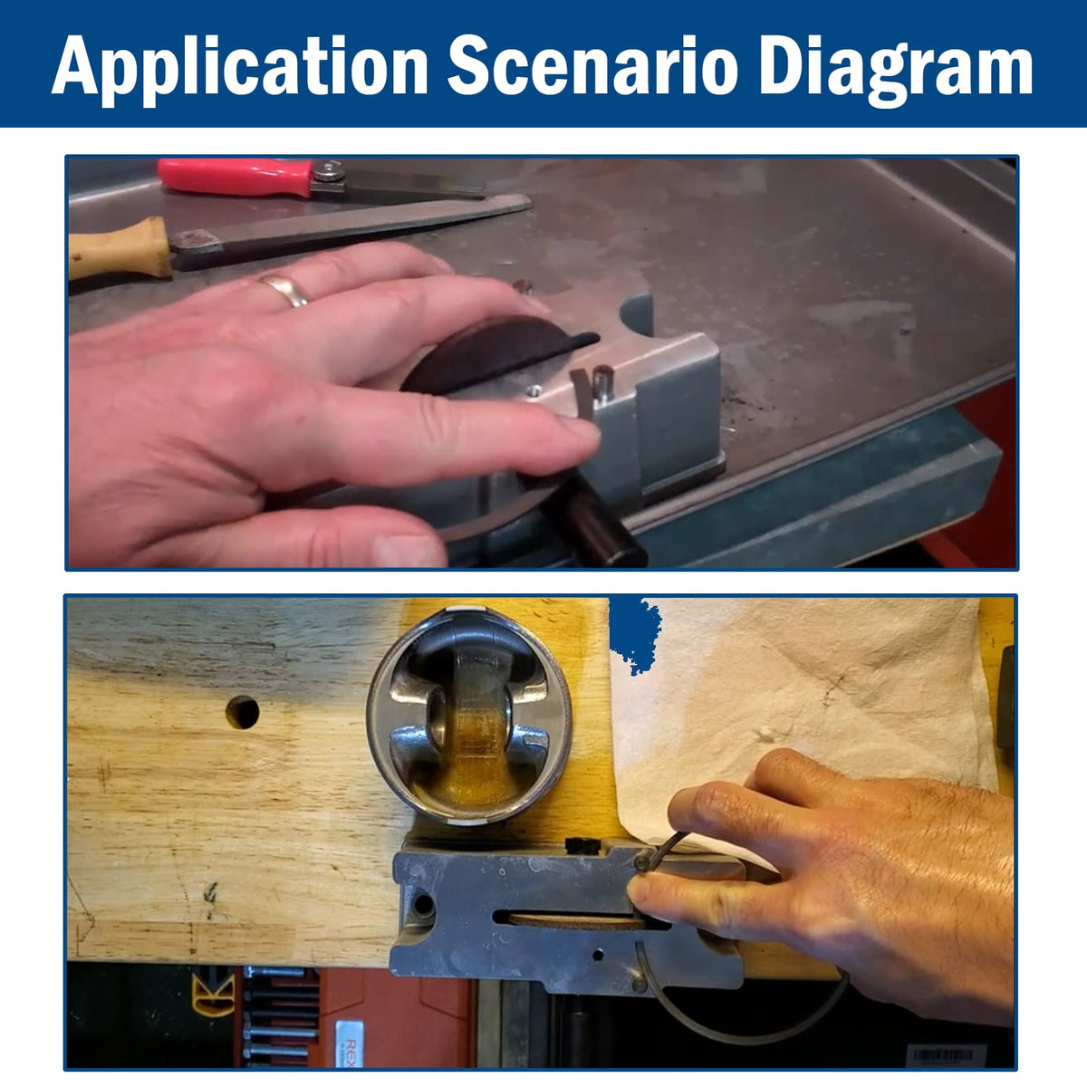 Qagea tool in use filing a piston ring for controlled gap