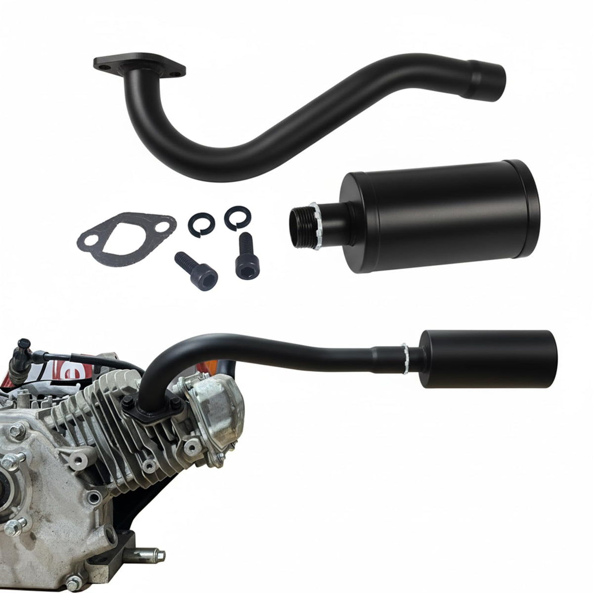 QASKEHKT front view exhaust and muffler showing compact fit and noise reduction