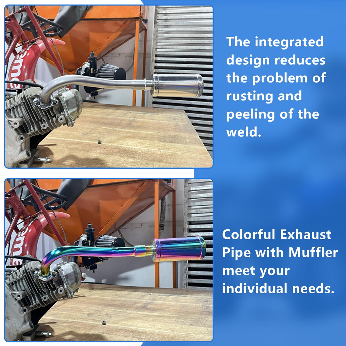 QASKEHKT exhaust installed on a go-kart engine, enhances performance and sound