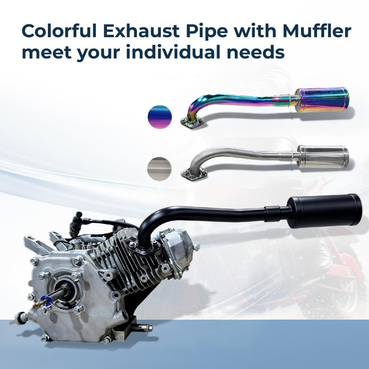 QASKEHKT muffler inlet and outlet detail highlighting reduced backpressure benefit