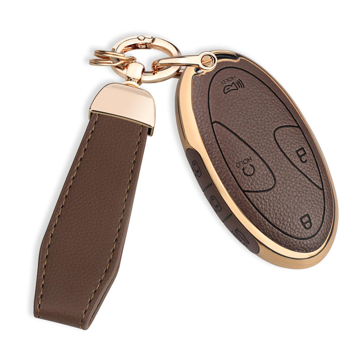 QBUC brown key fob cover front view showing protective fit and refined look