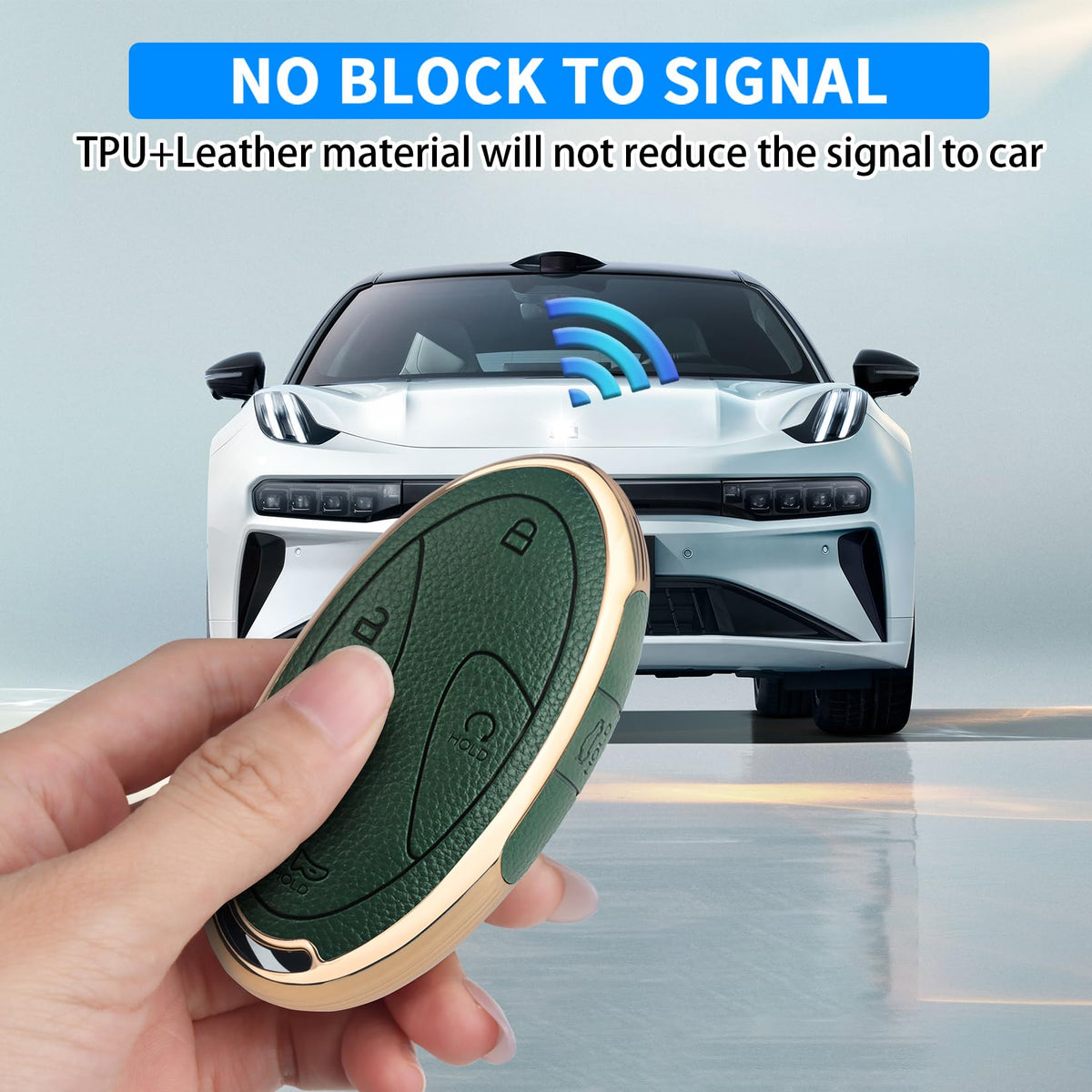 QBUC key fob cover in hand near Hyundai car demonstrating easy use and access