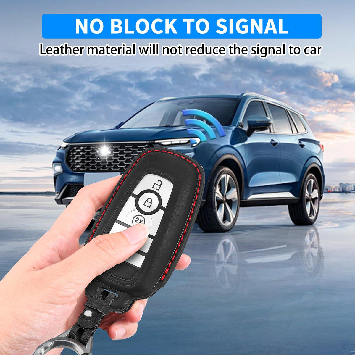 QBUC leather cover installed on Ford smart key demonstrating button access