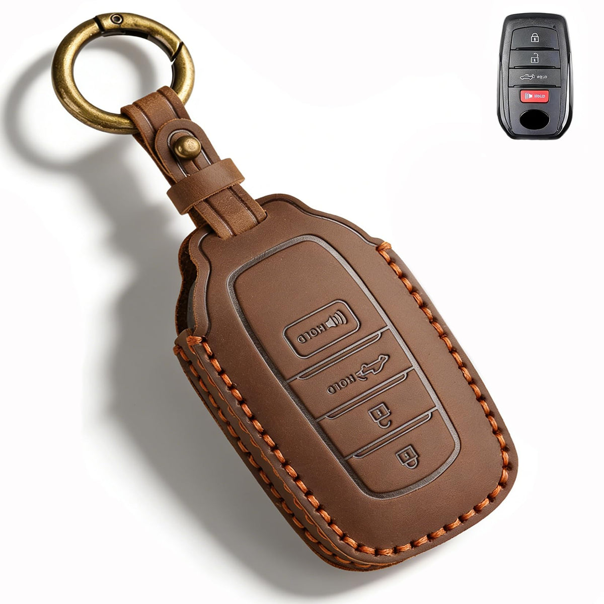 QBUC front view of leather key fob cover shows protective stylish finish