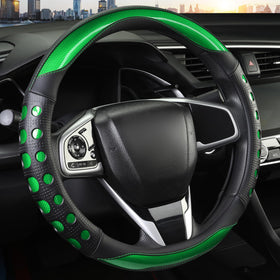 QCYP front view of green steering wheel cover showing design and fit benefits