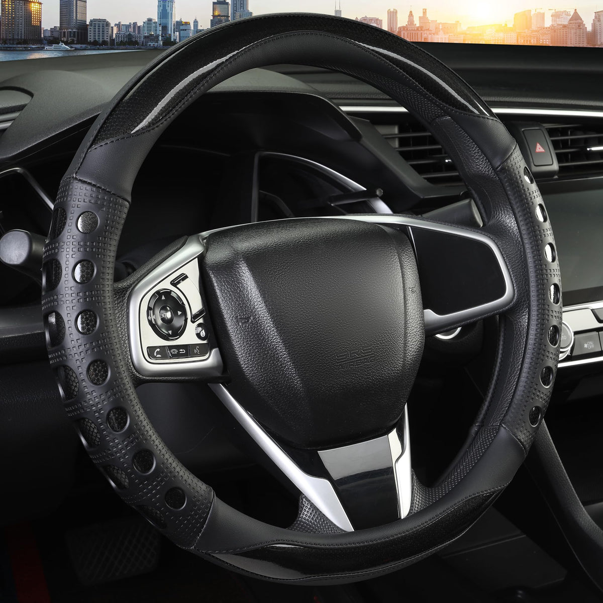 QCYP front view of black steering wheel cover showing sport style and improved grip