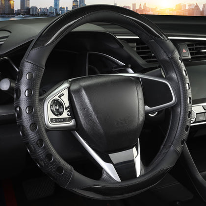 QCYP front view of black steering wheel cover showing sport style and improved grip