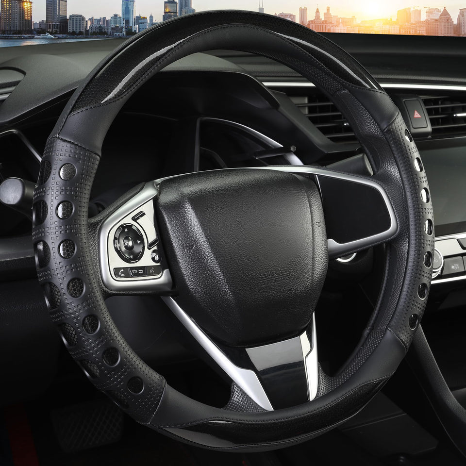 QCYP front view of black steering wheel cover showing sport style and improved grip