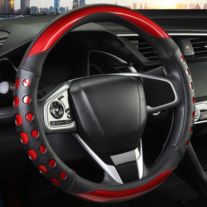 QCYP red steering wheel cover front view showing sporty look and protection