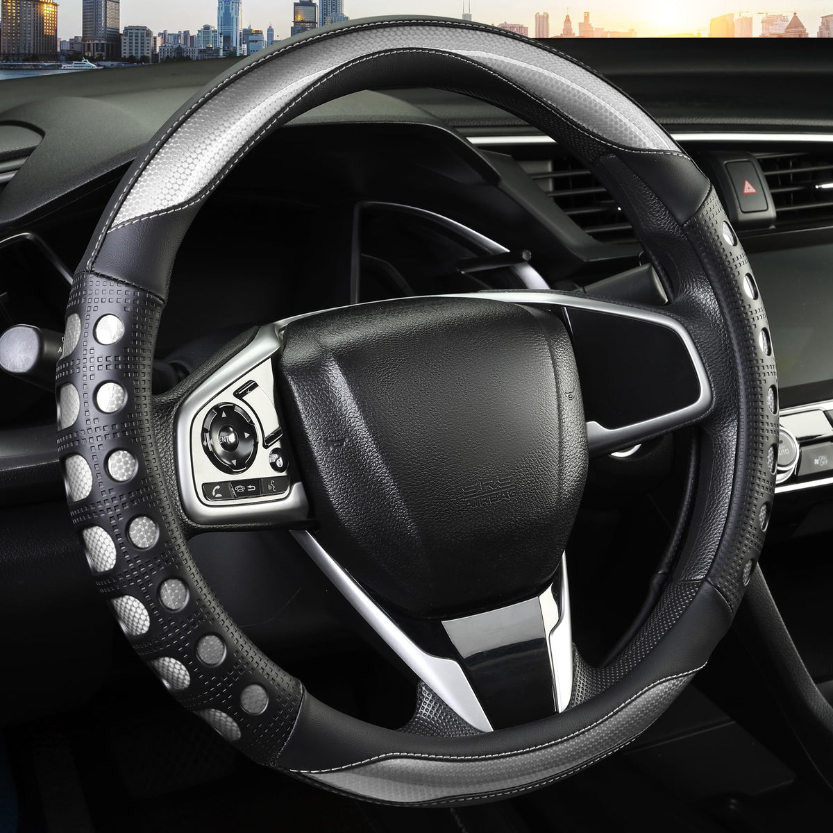 QCYP gray steering wheel cover front view showing fit and sporty accents for immediate style