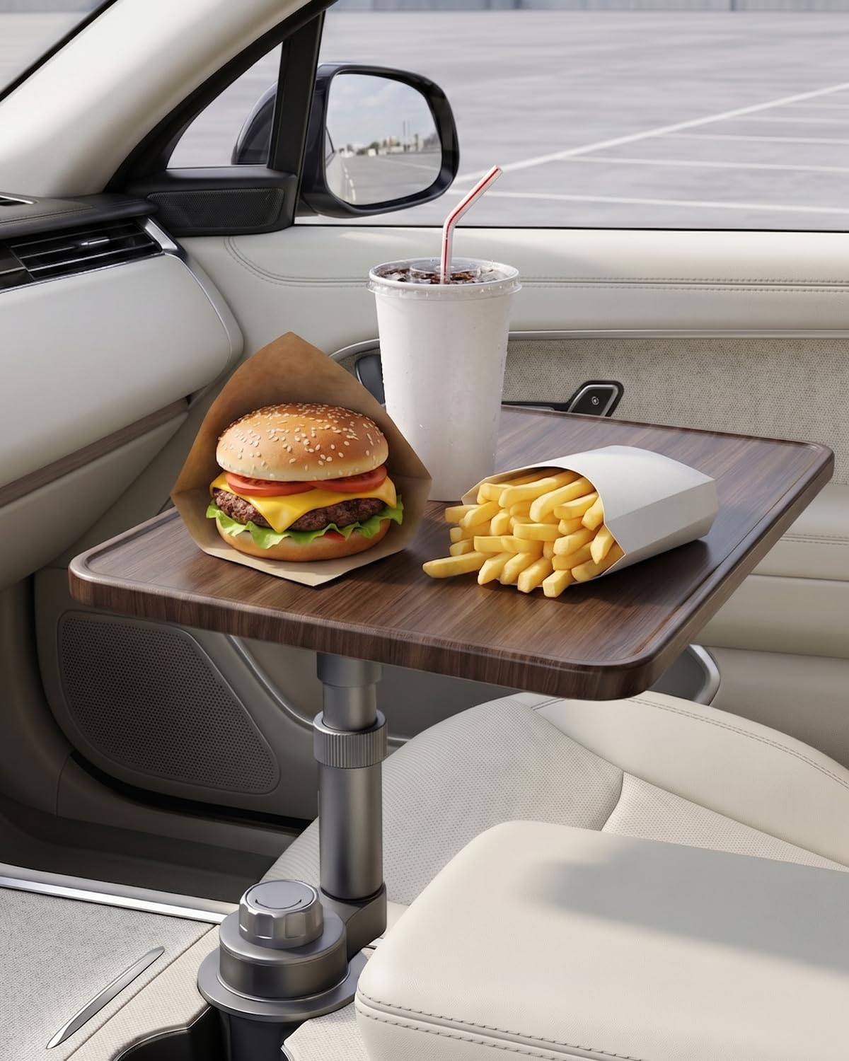 QENIVO front view assembled tray showing compact dining surface and benefit of stability