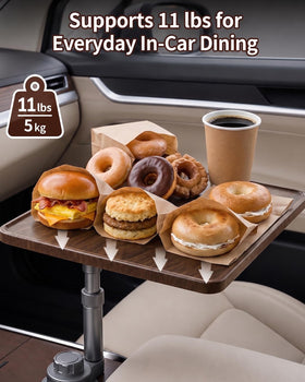 QENIVO in-car meal setup with food and drink showing tidy dining surface benefit