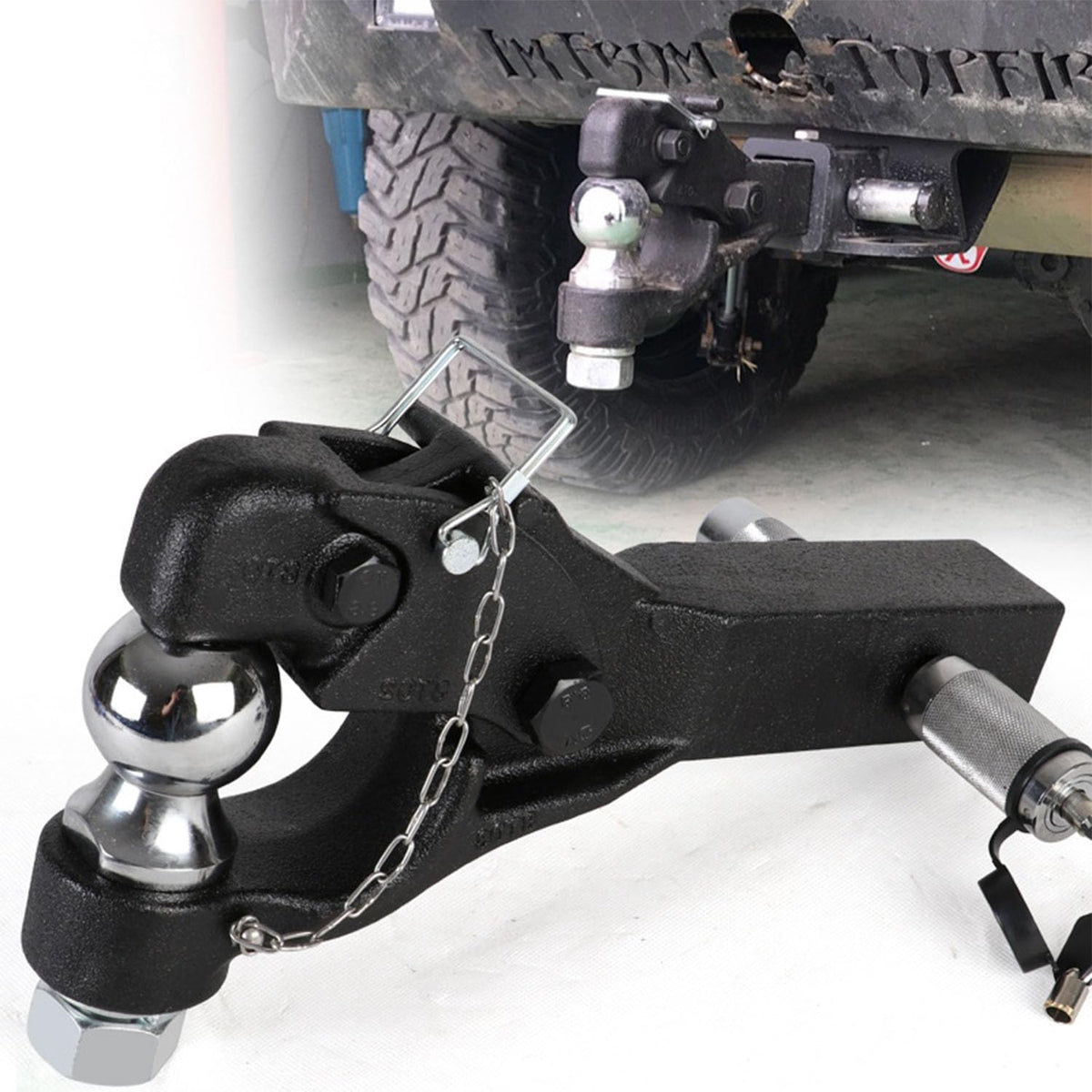Qiby close-up of the 2-inch hard-chrome trailer ball highlighting corrosion resistance