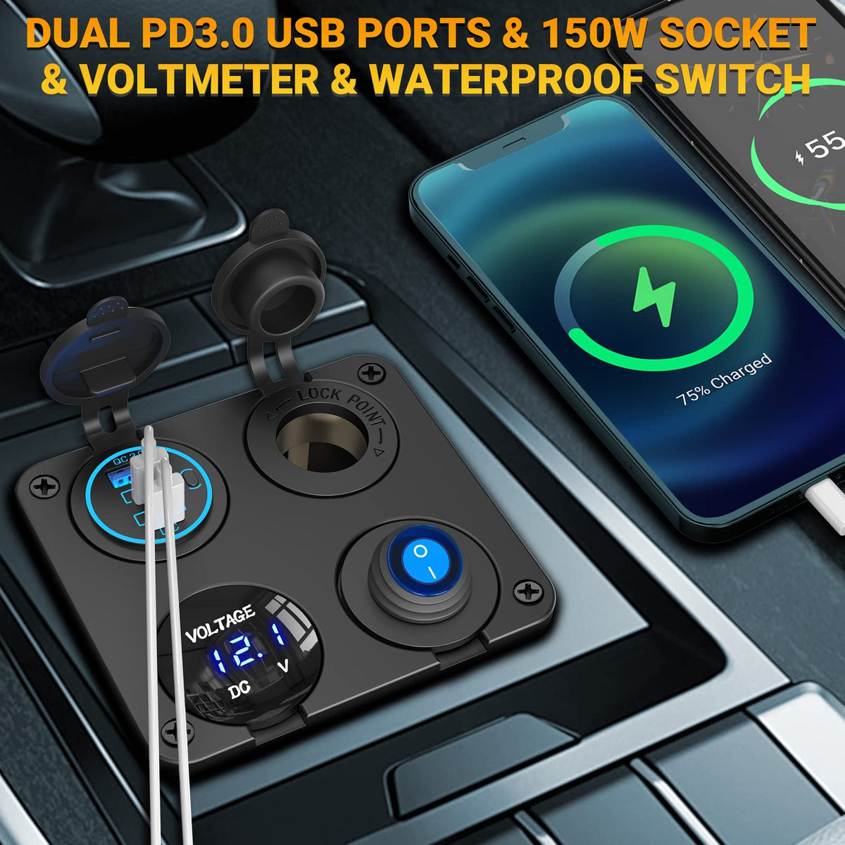 Qidoe cigarette lighter socket detail showing heavy-duty accessory power