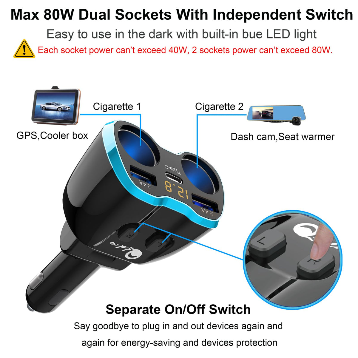 Qidoe dual cigarette sockets top view powering dash cam and cooler securely