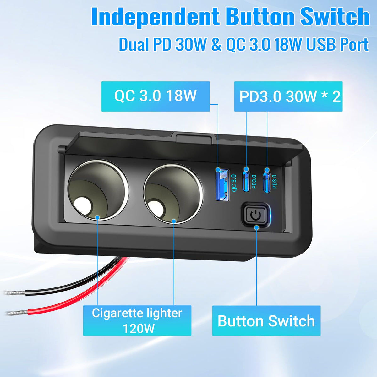 Qidoe close-up of dual 150W cigarette lighter sockets for high-power devices