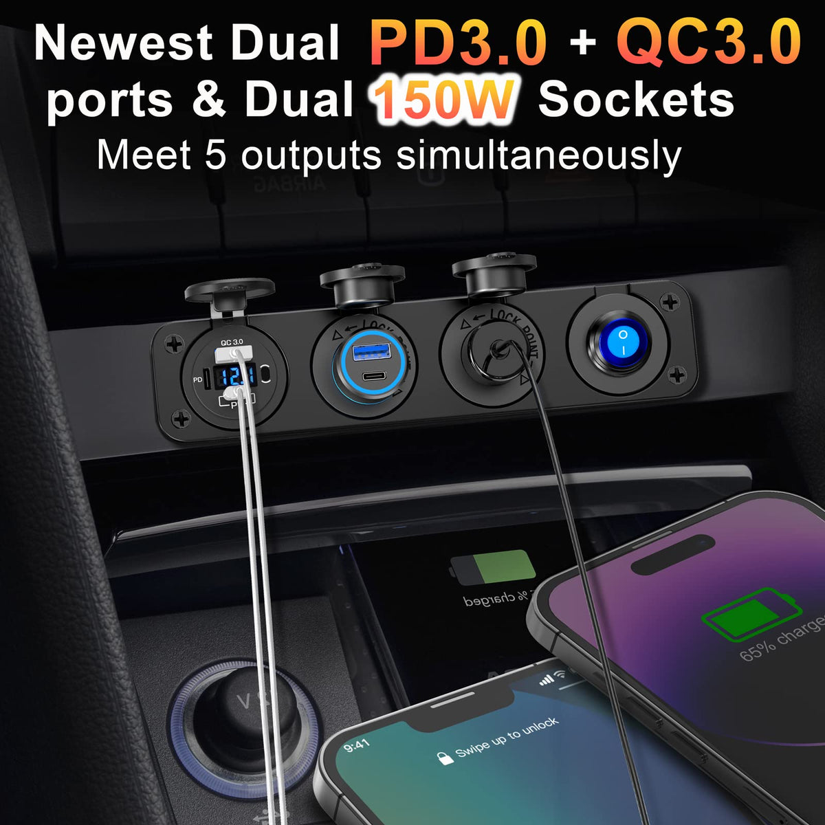 Qidoe detail of dual cigarette sockets providing high-power accessory charging