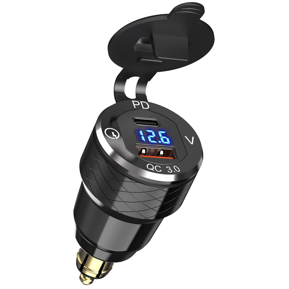 Qidoe front view showing Hella/DIN plug and dual USB ports for secure charging