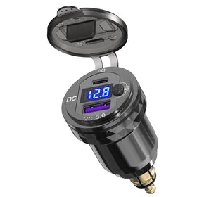 Qidoe front view showing Hella Din plug and dual USB ports, clear charging function