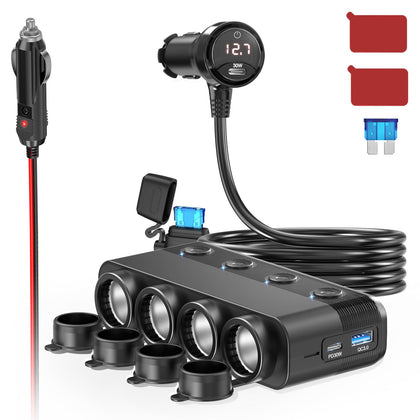 Qidoe front view showing four lighter sockets and USB ports, efficient multi-device power