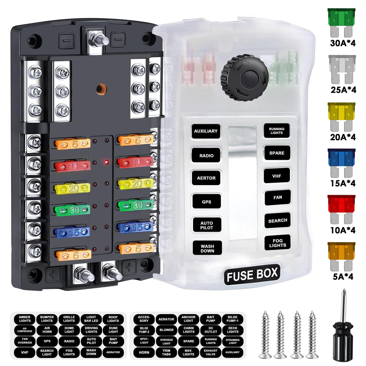 Qidoe front panel showing 12 circuits and labeled fuse slots for organized protection