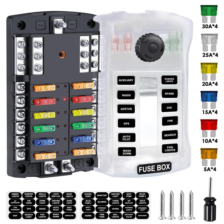 Qidoe front panel showing 12 circuits and labeled fuse slots for organized protection