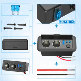 Qidoe installed in a car dash offering neat powering and charging solutions