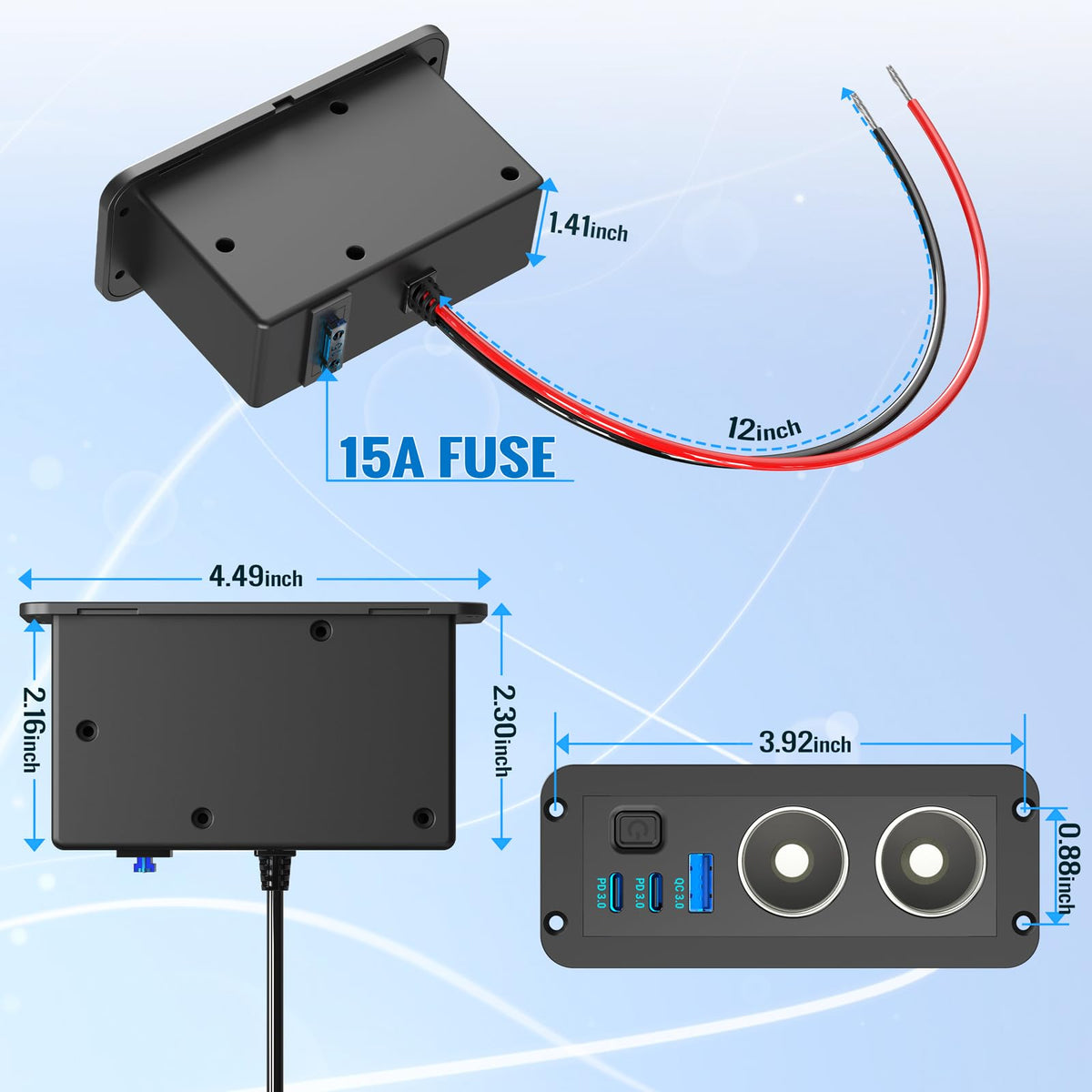 Qidoe detail of ON/OFF switch and included 15A fuse for added safety