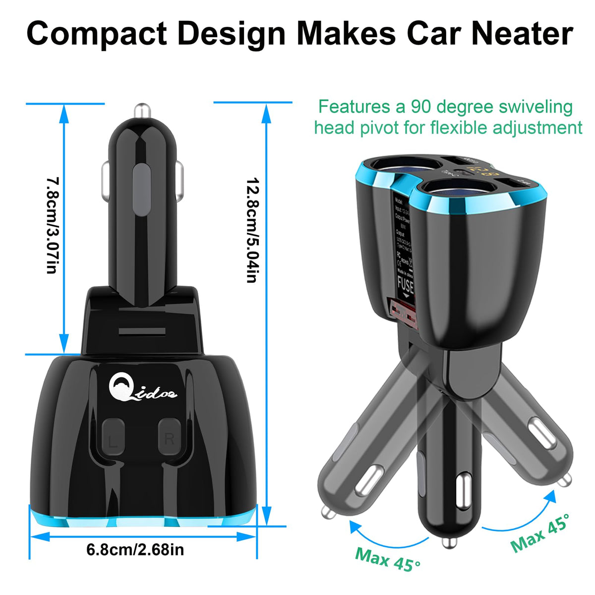 Qidoe swivel head angled to show 90-degree pivot for flexible placement