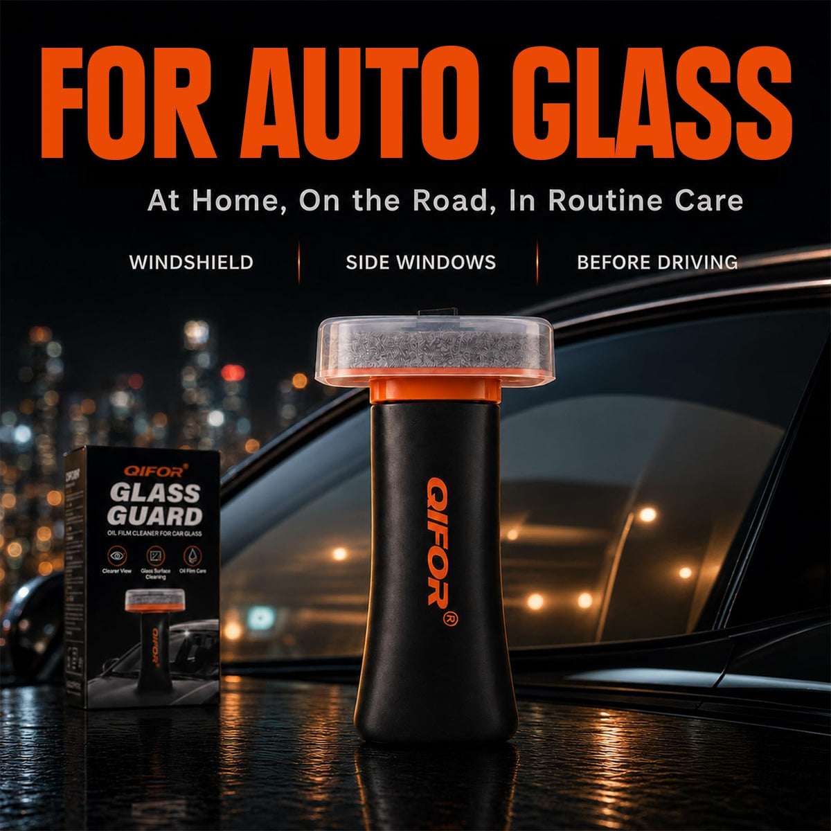 QIFOR applied on windshield in use demonstrating easy cleaning