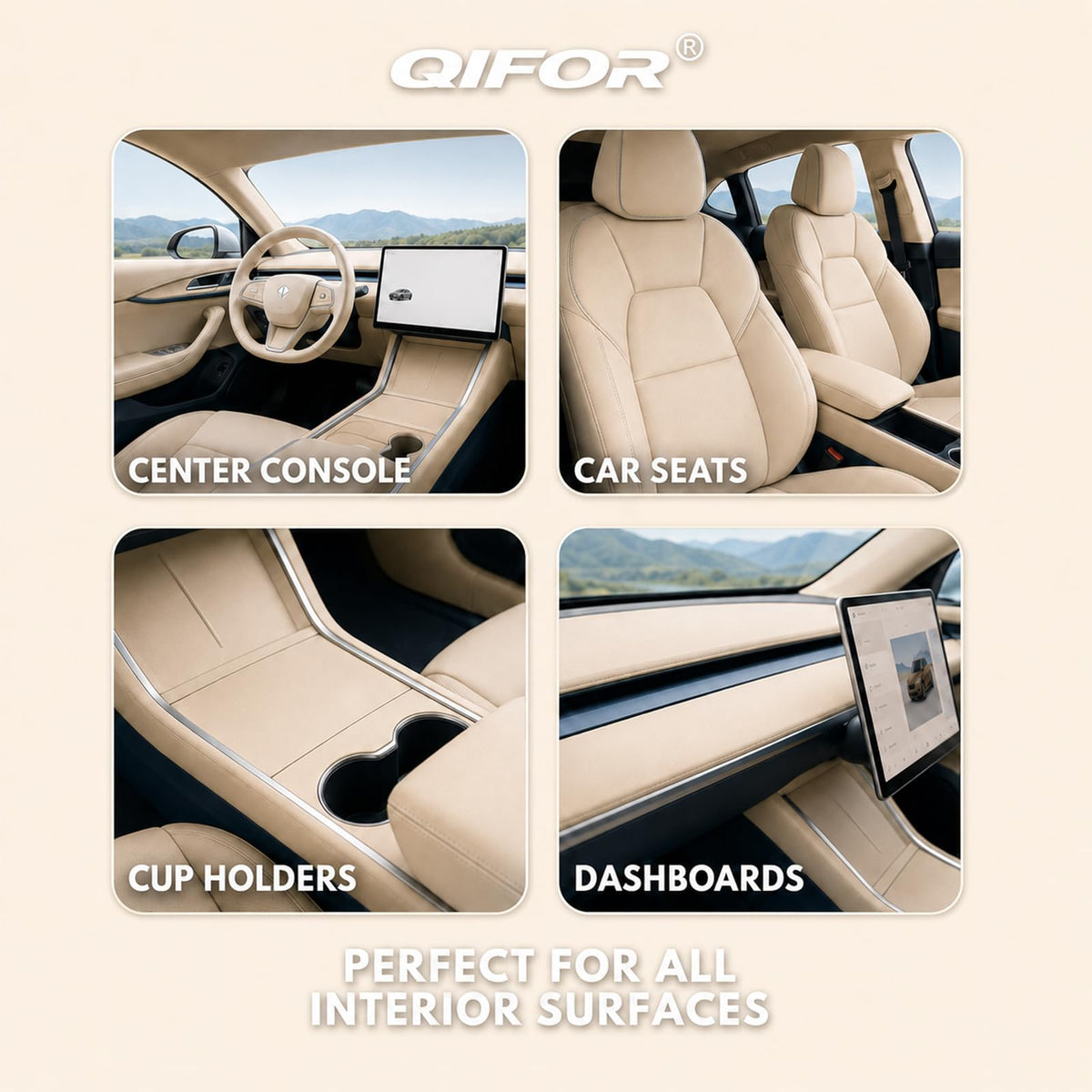QIFOR bottle next to dashboard, protecting and brightening trim benefit