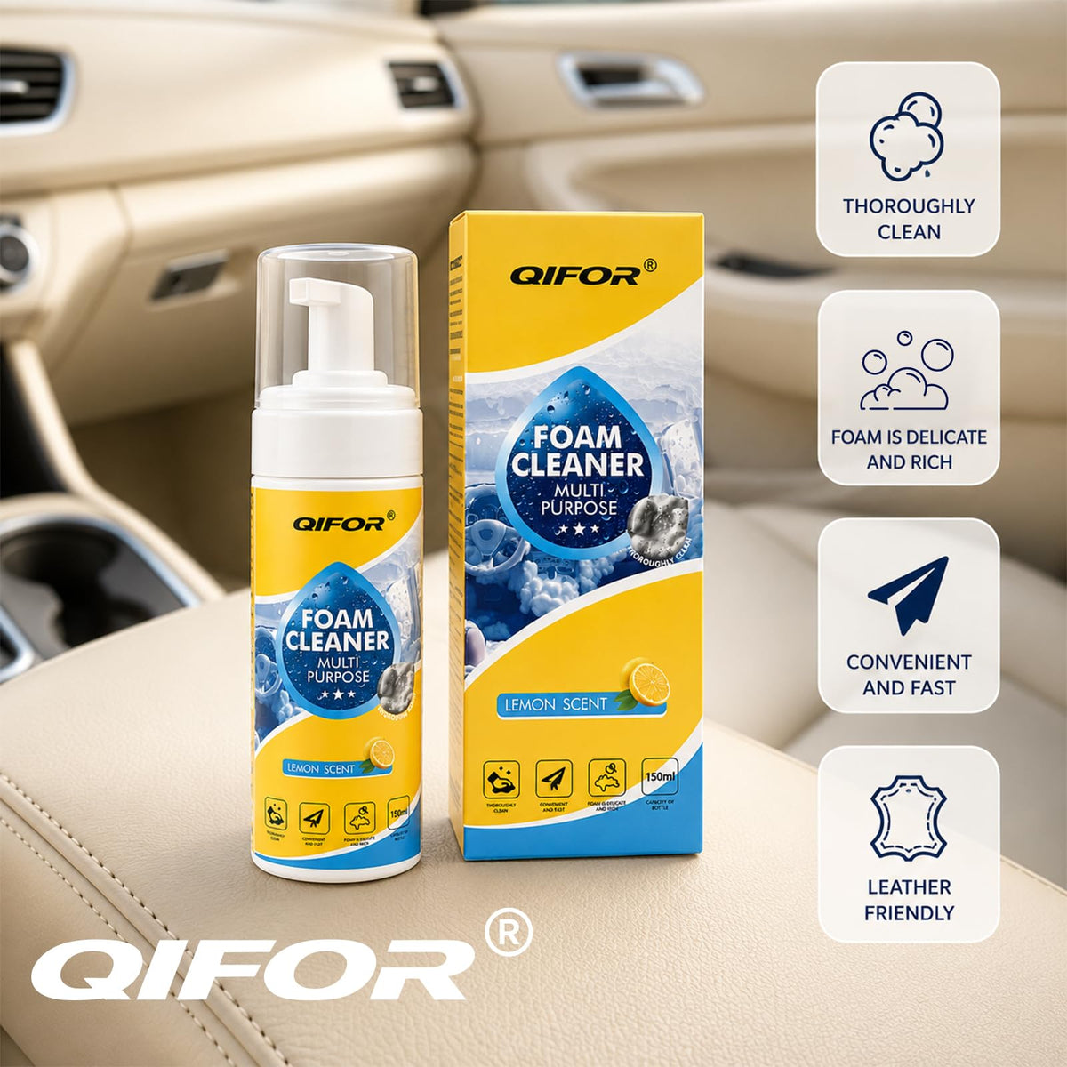 QIFOR label close-up showing ingredients and safe-surface benefit