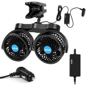 QIFUN front view of dual-head clip-on fan showing compact design and strong airflow