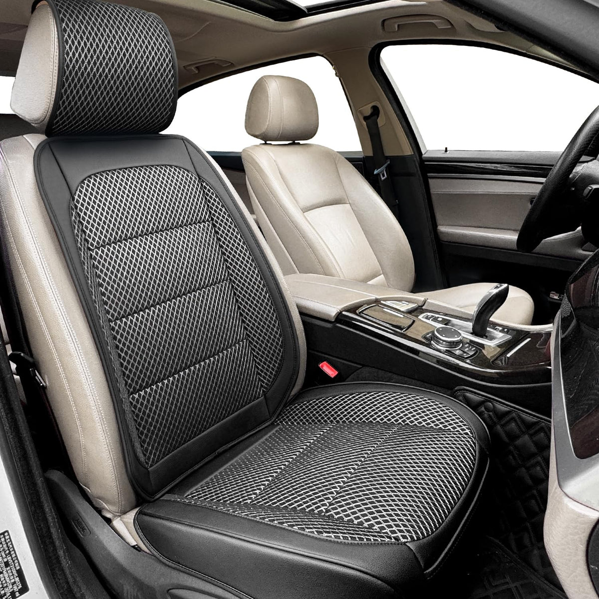 Qinlive full front seat cover installed showing sleek black protection and comfort