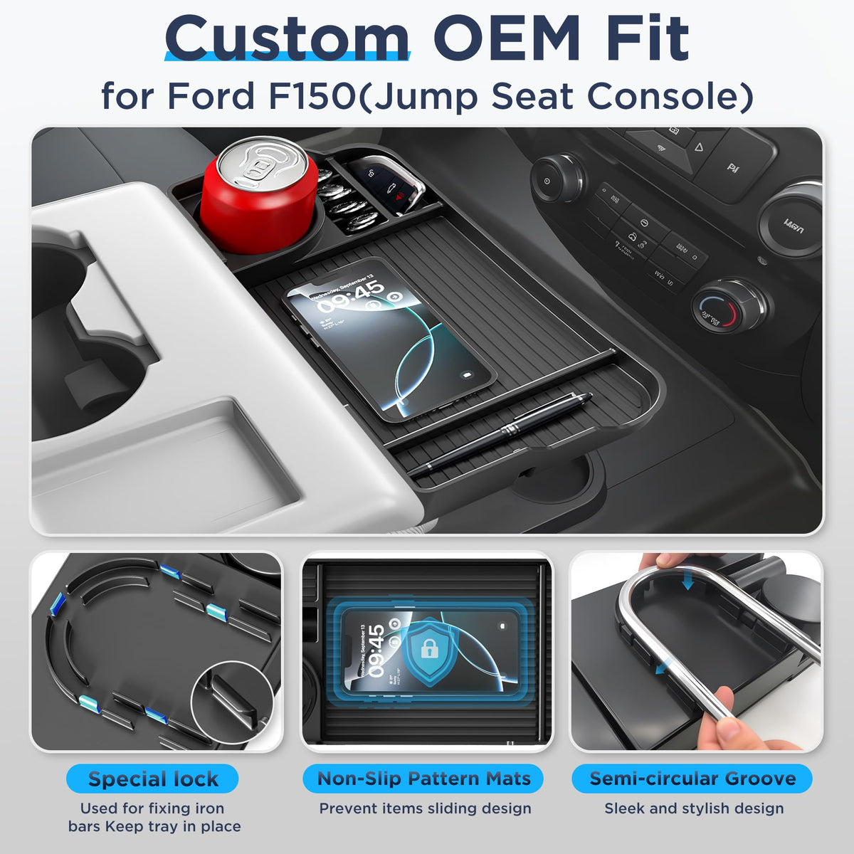 QINQINTU tray showing compartment layout, stores phone, wallet, keys neatly
