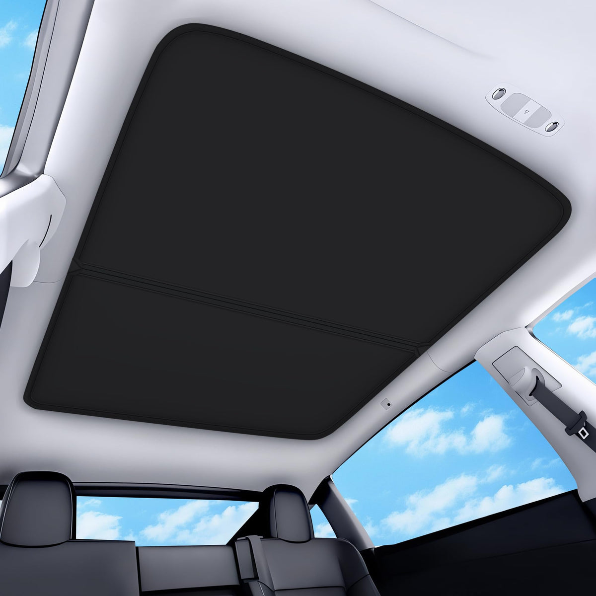 QINQINTU front installed on Model Y glass roof showing full coverage and cooler cabin