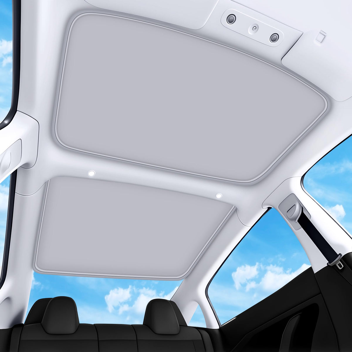 QINQINTU sunshade front view showing full glass roof coverage and cooling benefit