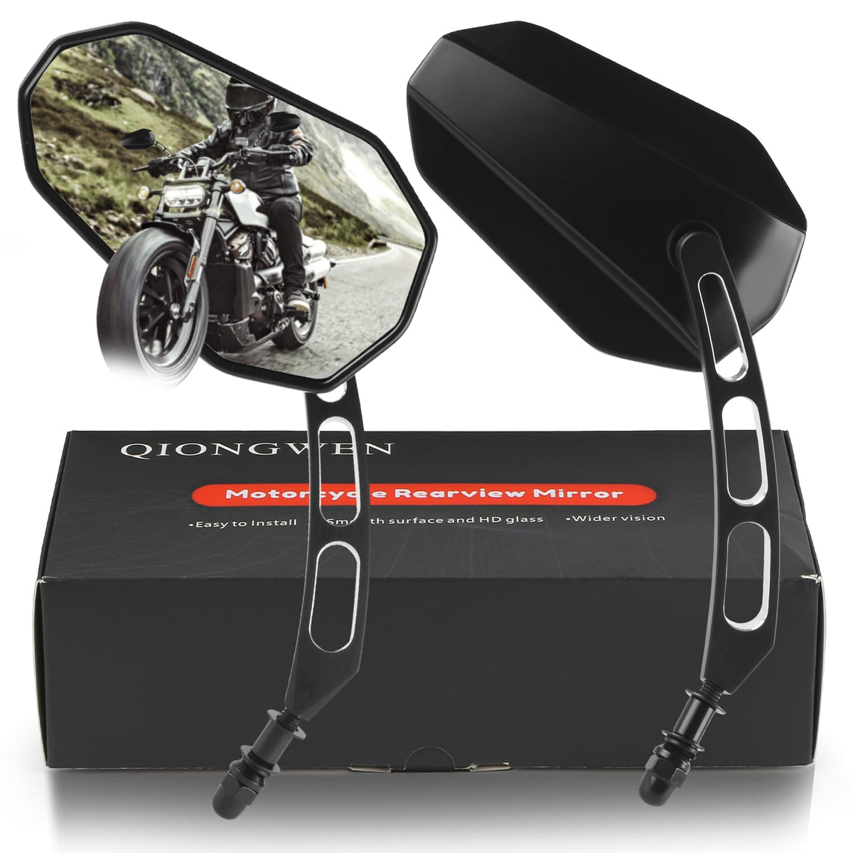 QIONGWEN front view pair showing sleek black finish and wider visibility