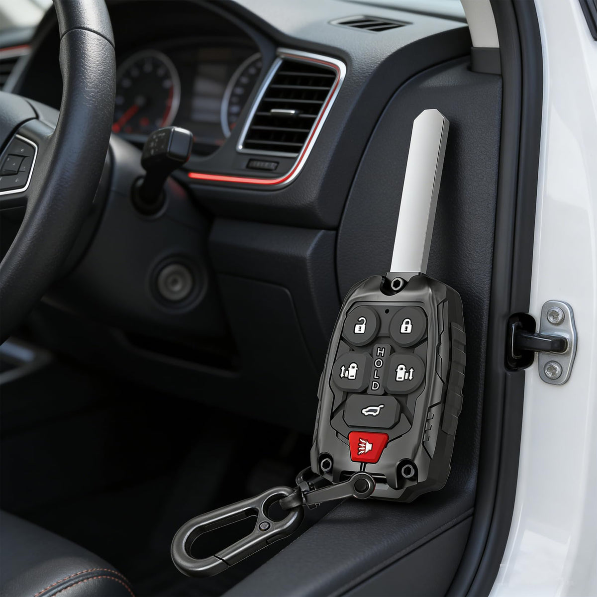 QIXIUBIA key on keyring beside Honda Odyssey illustrating restored look and convenience