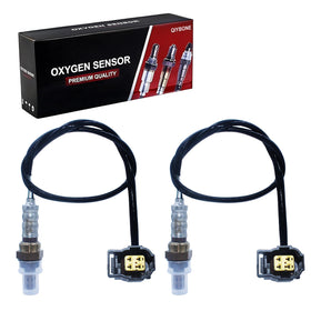 QIYBONE front view of both oxygen sensors showing ready-to-install pair and warranty benefit