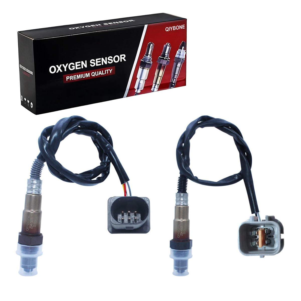 QIYBONE front packaging showing both O2 sensors and benefits of correct fitment