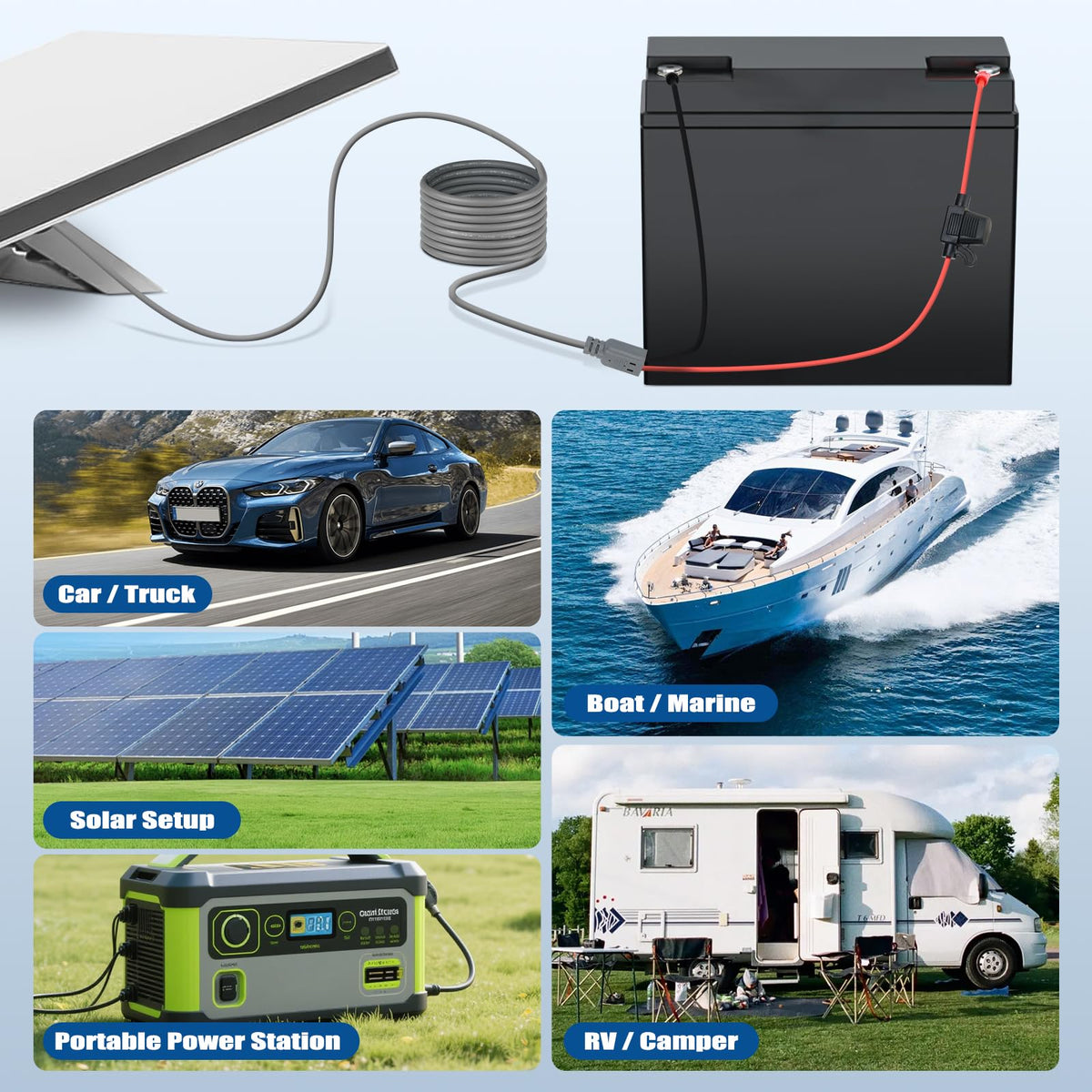 QKJCE battery clamp attached to vehicle battery for direct, converter-free power
