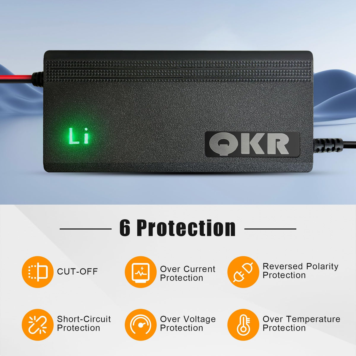 QKR LED indicator and specification label visible, providing easy charging status