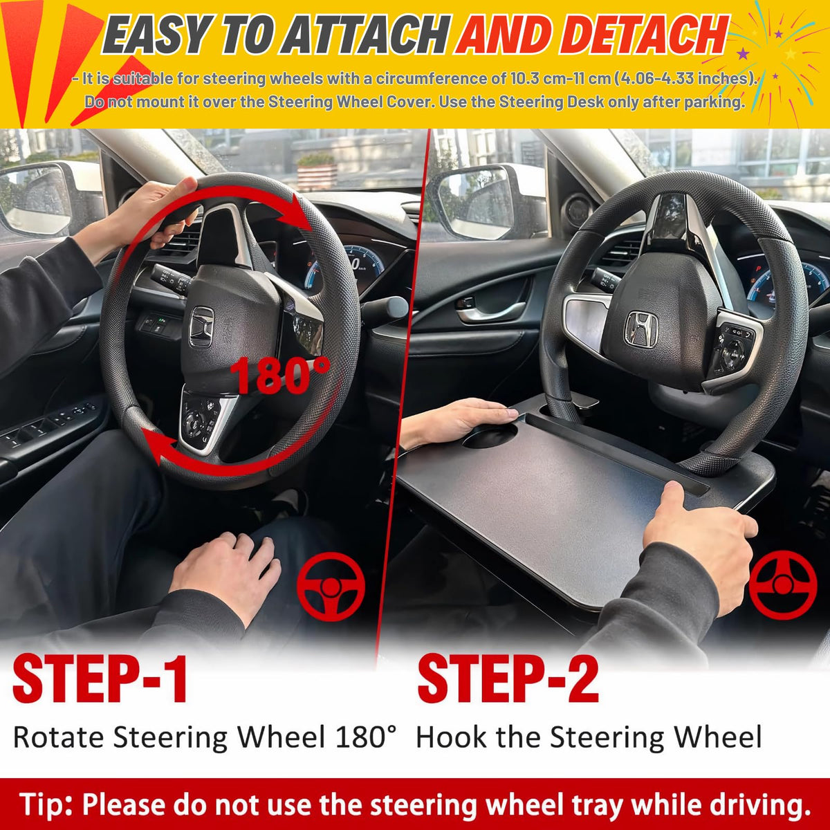 Qlhshop laptop placed on steering wheel desk for mobile work