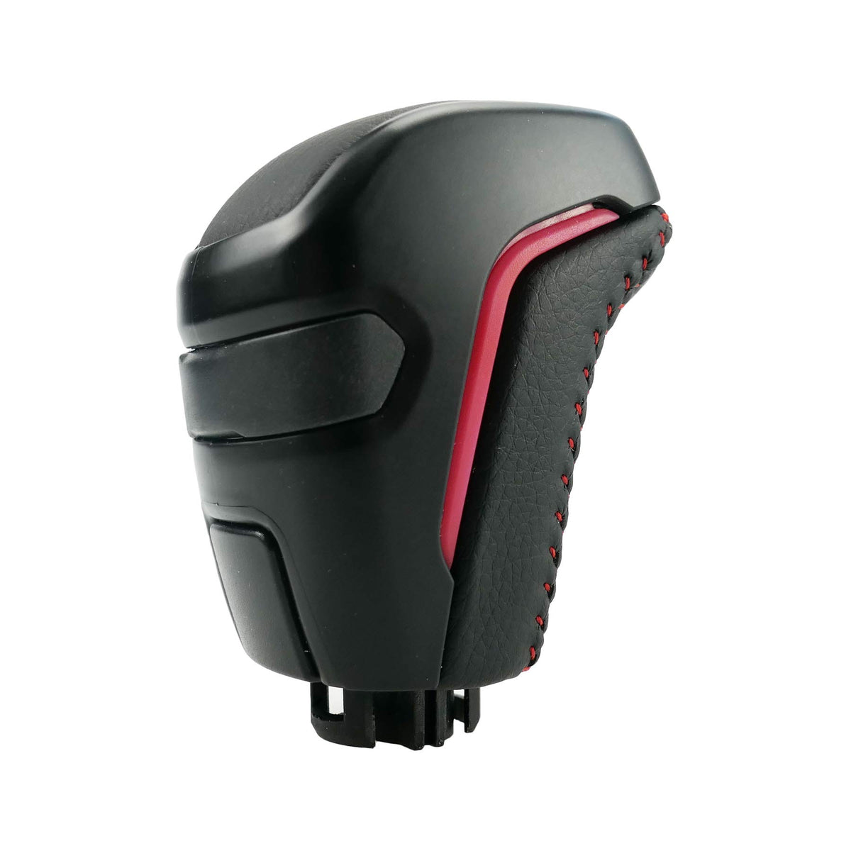 Qnbes shift knob front view showing black leather and red stitching for upgraded interior