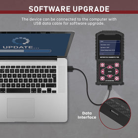 QPKING device connected to a motorcycle diagnostic port in a workshop setting
